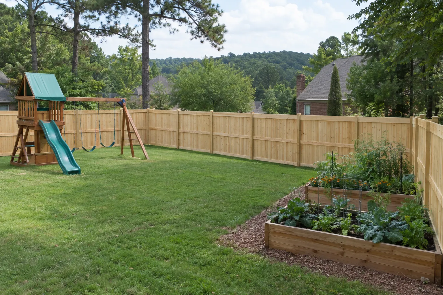 New wood privacy fence in a Birmingham, AL backyard